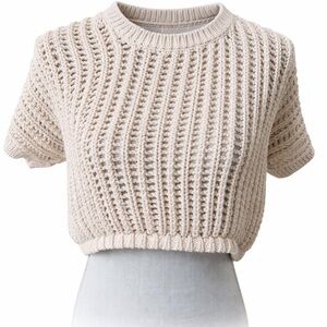 Aaron & Amber Cropped Knit Sweater Cream Open Knit Short Sleeve Boho Top M